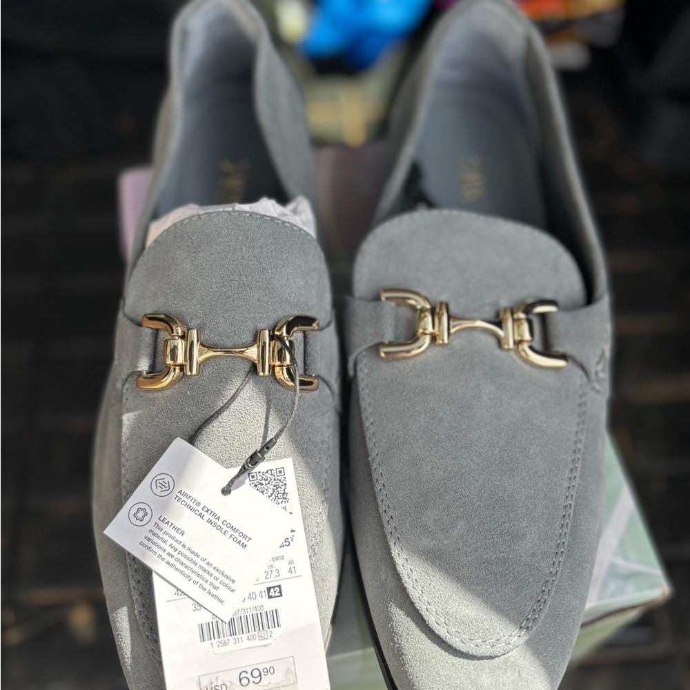 Zara Gray Loafers with Gold Accents